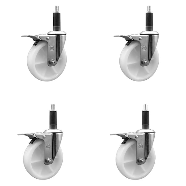 5'' SS Nylon Swivel 1'' Expanding Stem Caster Set Total Lock Brake, 4PK